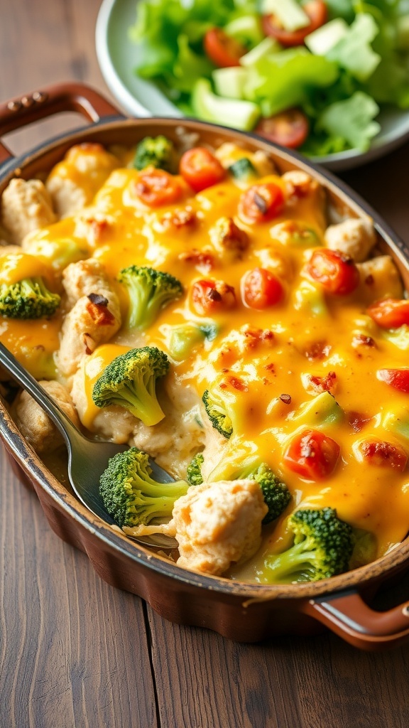 Keto Chicken and Broccoli Casserole with cheese topping, chicken, and broccoli in a rustic dish on a wooden table.